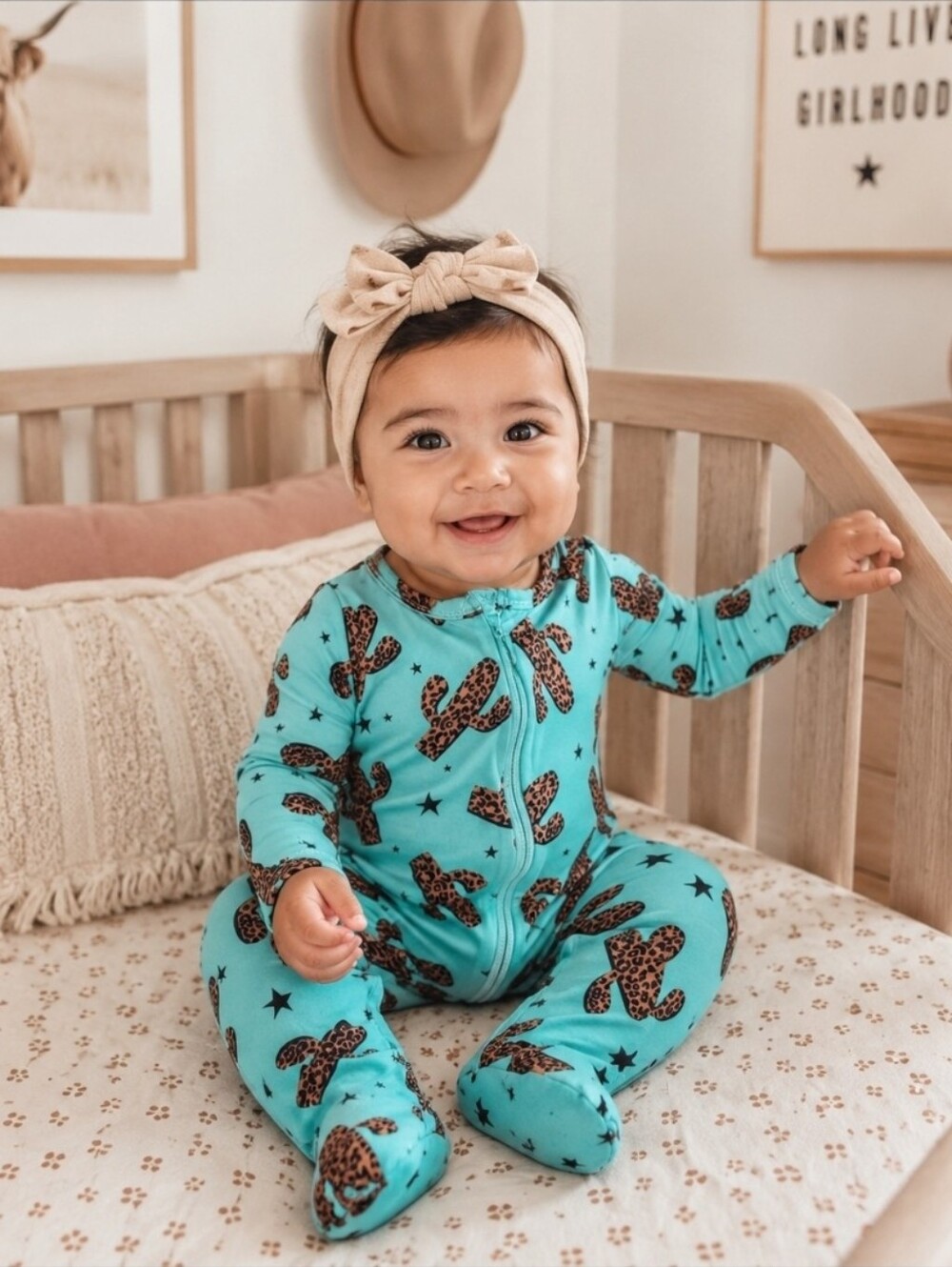 Turquoise & Leopard Cactus Baby Girl Footed Sleeper